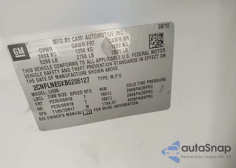 2011 Chevrolet Equinox 2Lt z USA, uszkodzony, nr VIN 2CNFLNE5XB6206127